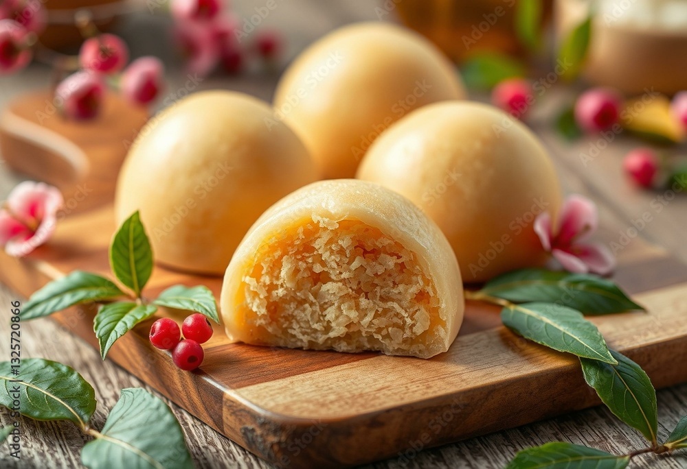 Delicious Mochi on a rustic wooden cutting board Delicious Mochi on a rustic wooden cutting board