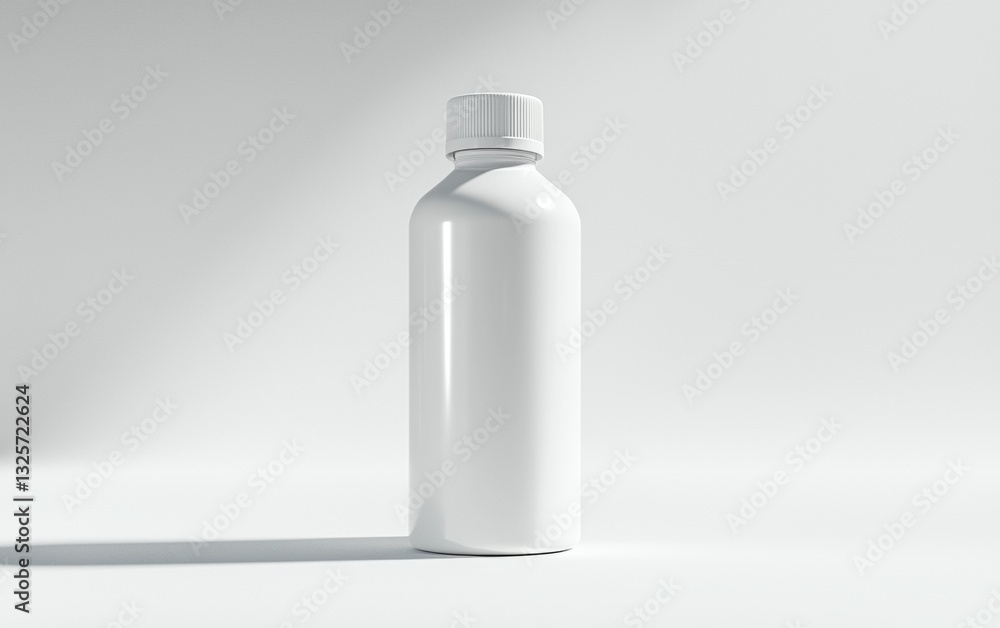 White plastic bottle standing upright against a neutral background with soft lighting and a subtle shadow White plastic bottle standing upright against a neutral background with soft lighting and a subtle shadow