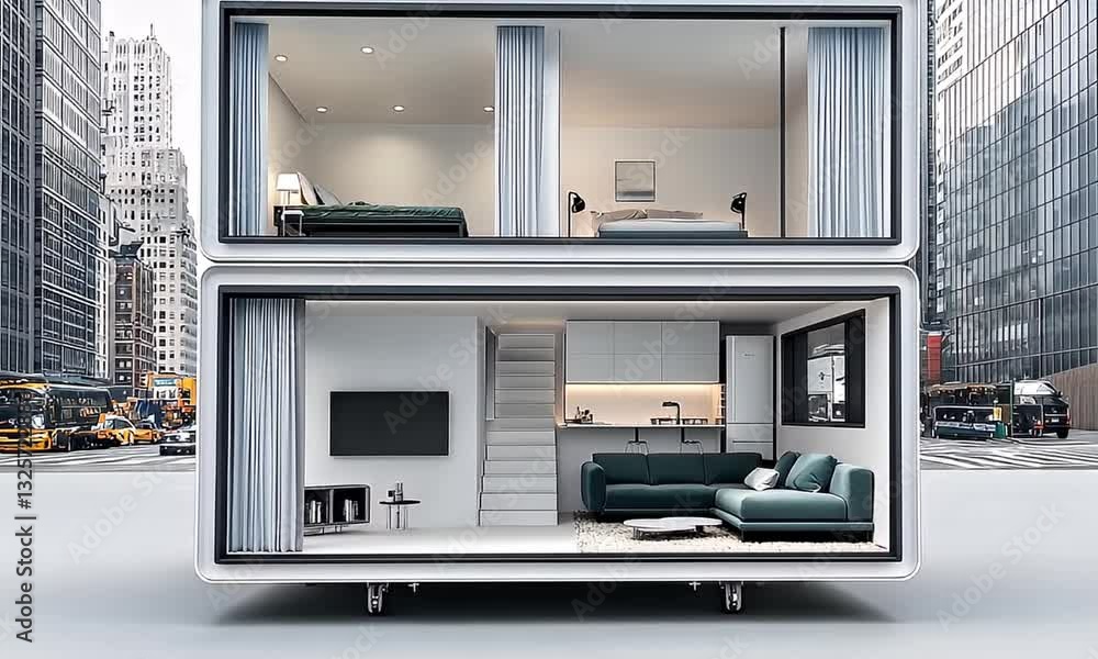 Two-story stacked container home shows interior, urban setting with blurred background street traffic Two-story stacked container home shows interior, urban setting with blurred background street traffic