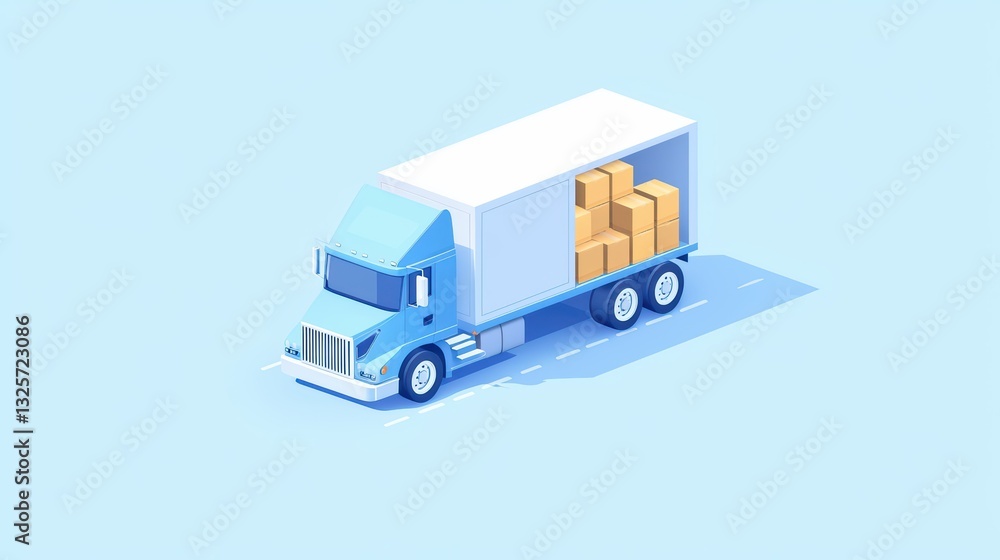 Isometric 3D Logistics Concept View of Delivery Truck with Boxes on Light Blue Background Isometric 3D Logistics Concept View of Delivery Truck with Boxes on Light Blue Background