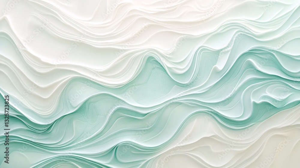 Fototapeta premium Rippled forest waves in pastel mint and shimmering cream plain background