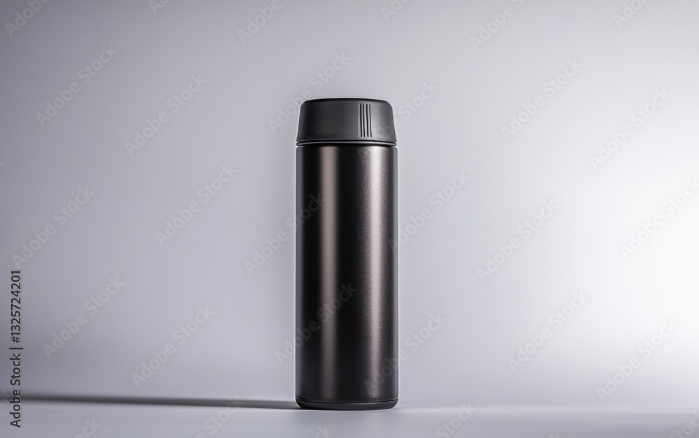 Sleek black thermos standing upright against a minimalist backdrop in a bright setting Sleek black thermos standing upright against a minimalist backdrop in a bright setting