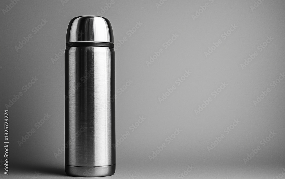 Stainless steel thermos standing alone against a plain gray background Stainless steel thermos standing alone against a plain gray background
