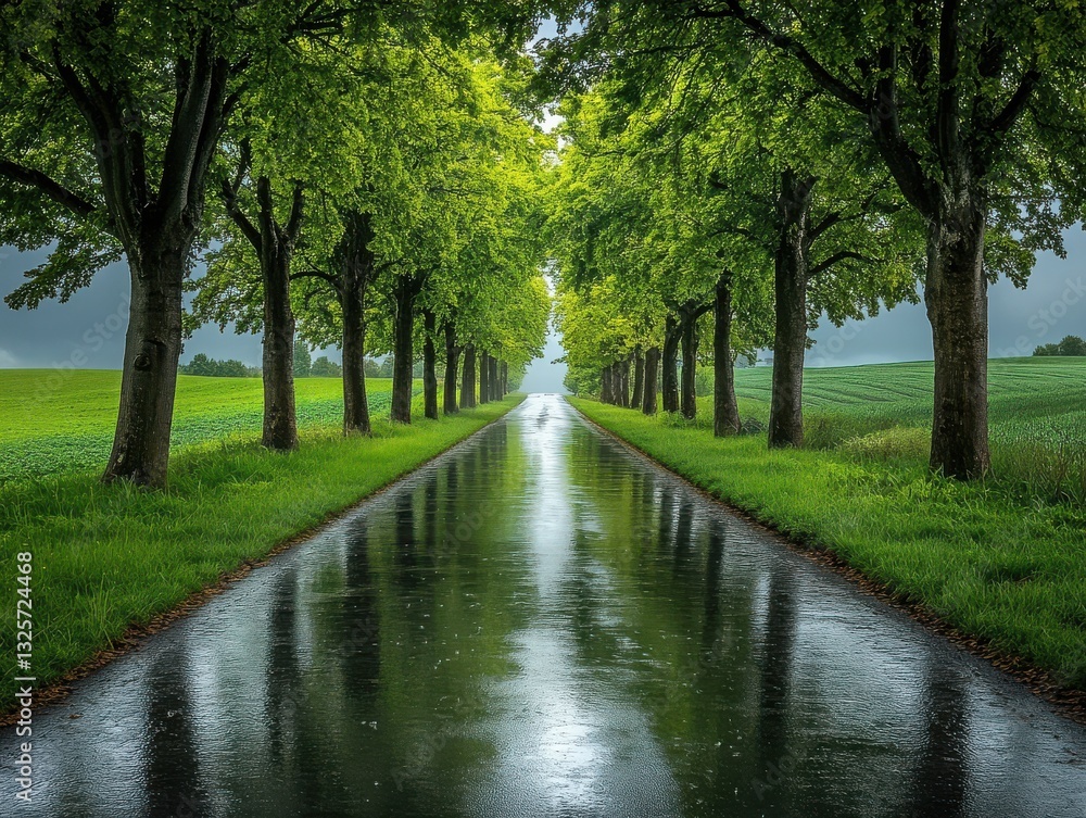 A Quiet Countryside Road Lined with Trees and Reflected in the Rain
A Quiet Countryside Road Lined with Trees and Reflected in the Rain