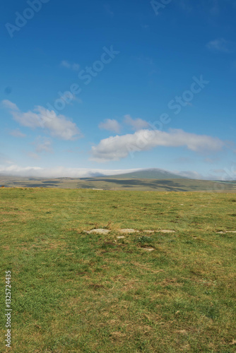 landscape with green field, mountains and clouds