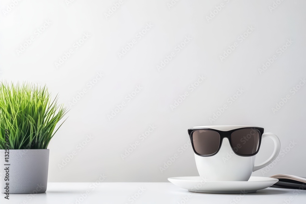 Fototapeta premium Stylish Minimal Workplace Concept Featuring Coffee Cup with Sunglasses and Green Plant