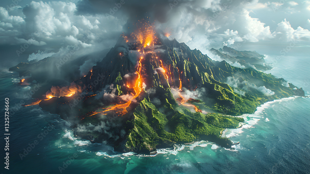 Fototapeta premium Erupting Volcano Overlooking Ocean with Lush Greenery and Dramatic Clouds in the Background