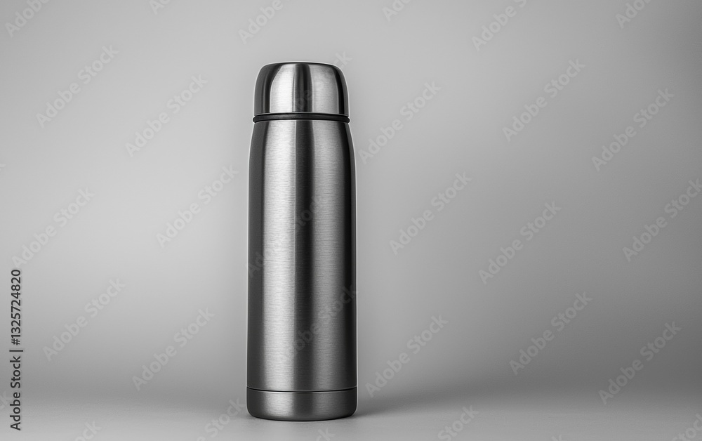 Stainless steel thermos bottle standing against a plain gray background Stainless steel thermos bottle standing against a plain gray background