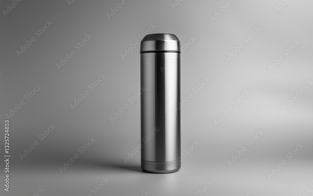 Stainless steel thermos standing upright on a smooth surface against a neutral background Stainless steel thermos standing upright on a smooth surface against a neutral background