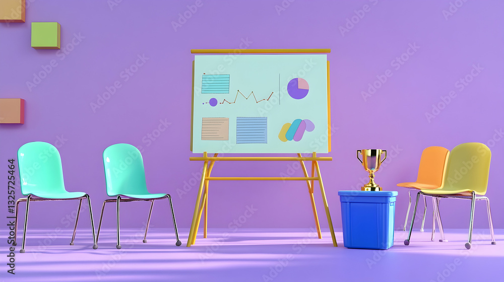 Fototapeta premium Corporate Achievement: Whiteboard, Office Chairs, and a Gold Trophy