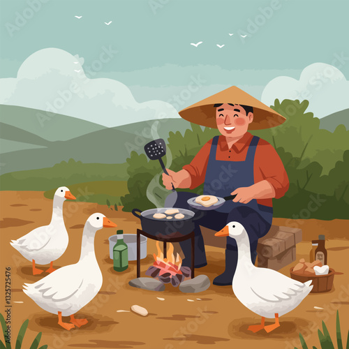 Man Cooking Food Outdoors with Geese in a Rural Scene