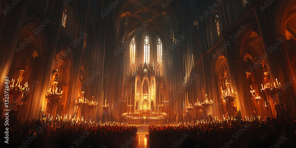Fototapeta premium Vast, ornate interior hall with towering Gothic arches and warm golden lighting creates a dramatic backdrop for editorial content.