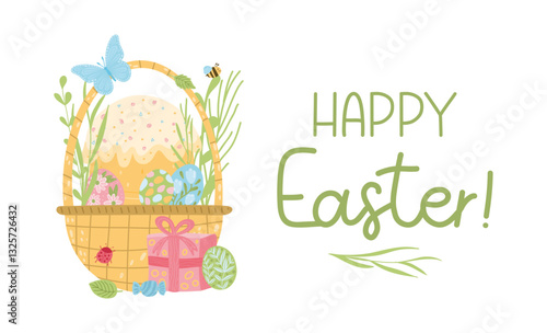 Vector flat illustration Happy Easter design with cake, basket, eggs, flowers, butterfly