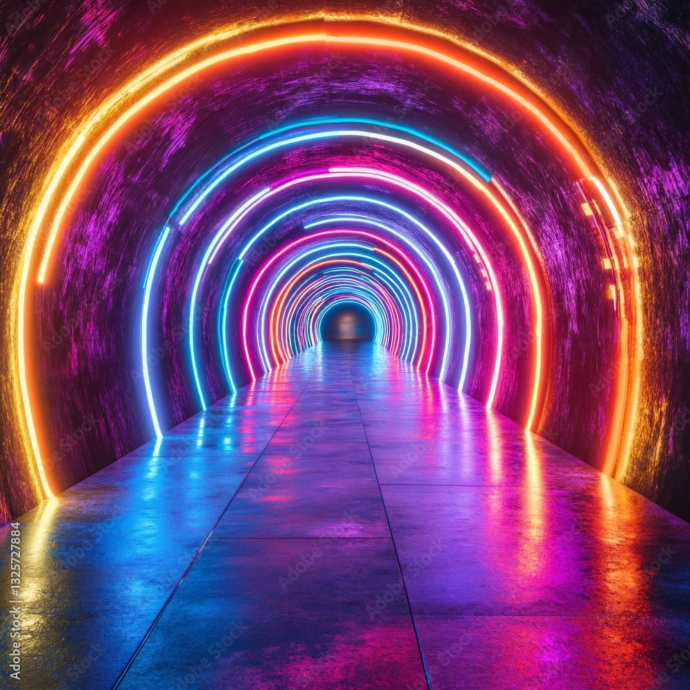 Futuristic Neon Tunnel with Colorful Lights and Reflections Futuristic Neon Tunnel with Colorful Lights and Reflections