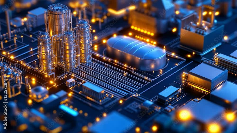 Industrial complex integrated into a circuit board. Abstract futuristic factory on a microchip Industrial complex integrated into a circuit board. Abstract futuristic factory on a microchip