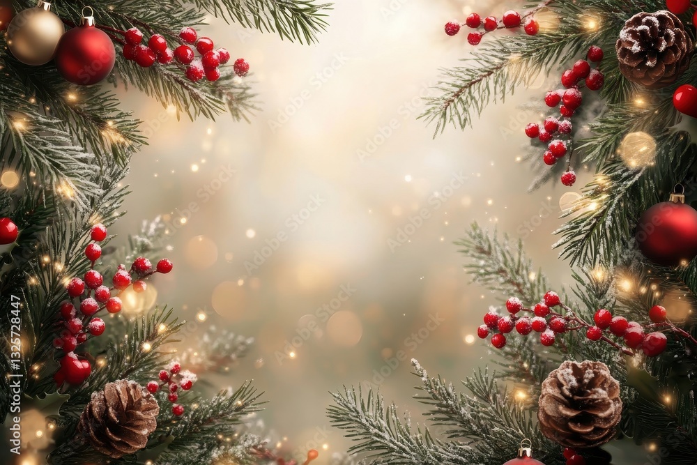 Fototapeta premium Festive Christmas border with pine, berries, and ornaments on a bokeh background. Ideal for holiday greeting cards, websites, and festive designs.