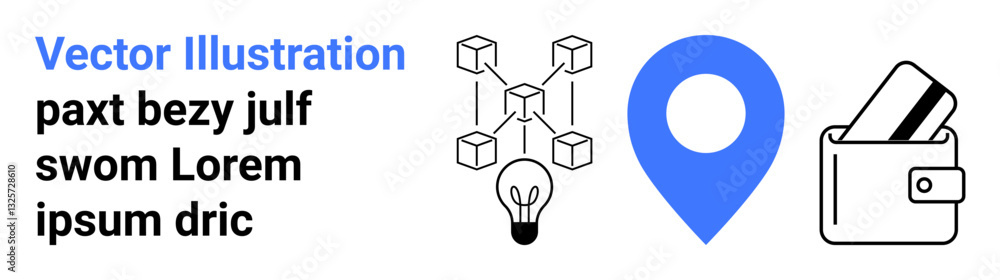Blueprint of blockchain network with connected cubes, bright lightbulb, large blue location pin, and wallet with credit card. Ideal for technology, digital security, innovation, finance, banking Blueprint of blockchain network with connected cubes, bright lightbulb, large blue location pin, and wallet with credit card. Ideal for technology, digital security, innovation, finance, banking