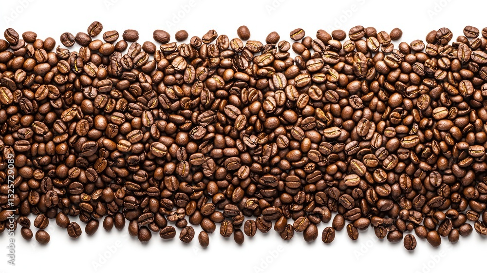 Roasted coffee beans arranged in a long horizontal line against a white background Roasted coffee beans arranged in a long horizontal line against a white background