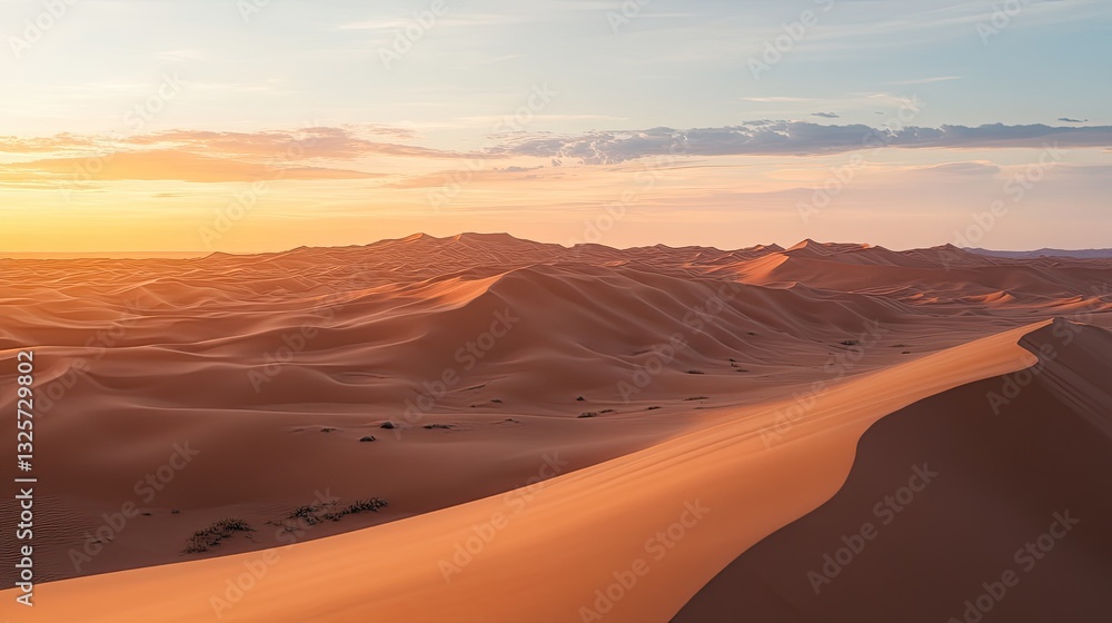 Fototapeta premium Endless Dunes at Sunset, A Serene Desert Landscape in Warm Colors