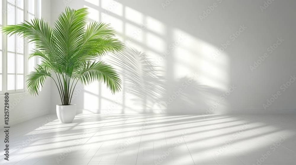Palm plant in pot sits by window in minimalist white room interior Palm plant in pot sits by window in minimalist white room interior