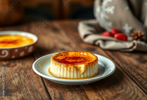 Warm CrÃ¨me BrÃ»lÃ©e with caramelized sugar crust on rustic wooden table photo