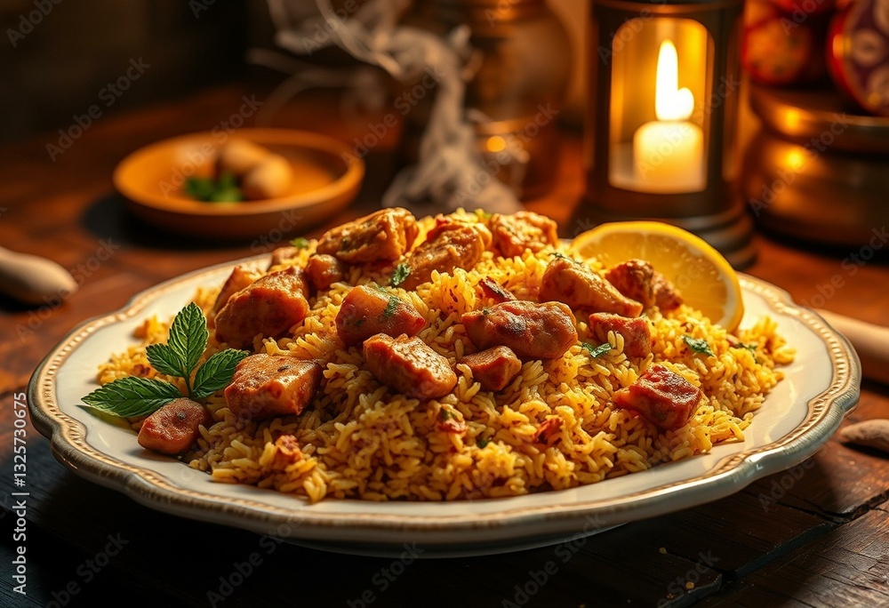 A steaming hot plate of Biryani on a rustic wooden table A steaming hot plate of Biryani on a rustic wooden table