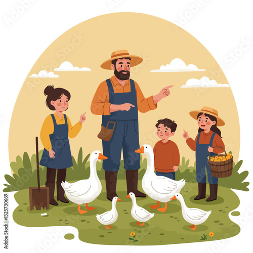 Farmer Guiding Children with Geese on Farm Illustration