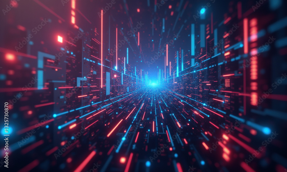 Naklejka premium Neon Digital Cityscape, Futuristic Data Stream - Metaverse