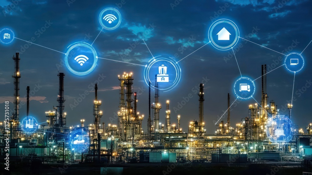 Obraz premium Smart factory IoT network at night, digital transformation, industrial automation