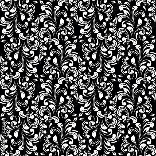 Flower pattern. Seamless white and black ornament. Graphic vector background.