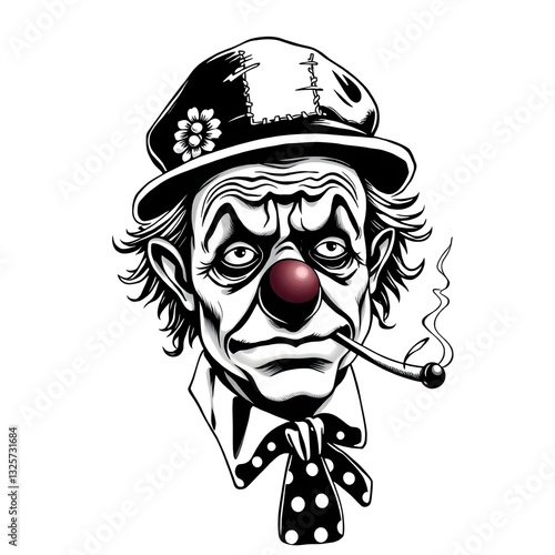 black and white vector tattoo illustration of a sad vintage clown 
