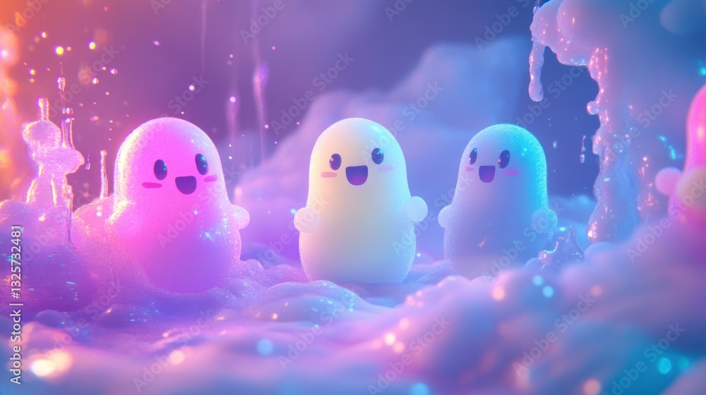Cute ghosts in a cloud of liquid, neon colors, vibrant background