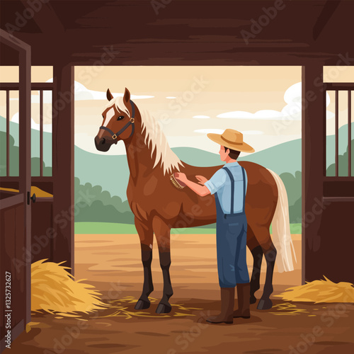 Grooming Horse at Barn with Farm Landscape During Daytime