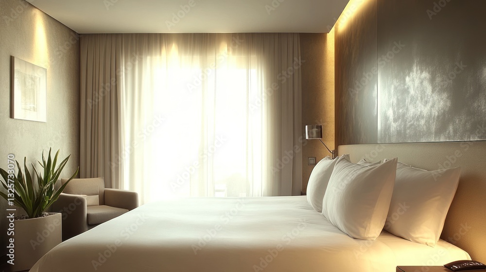 Modern hotel bedroom with large window, sunlight, and comfortable bed Modern hotel bedroom with large window, sunlight, and comfortable bed