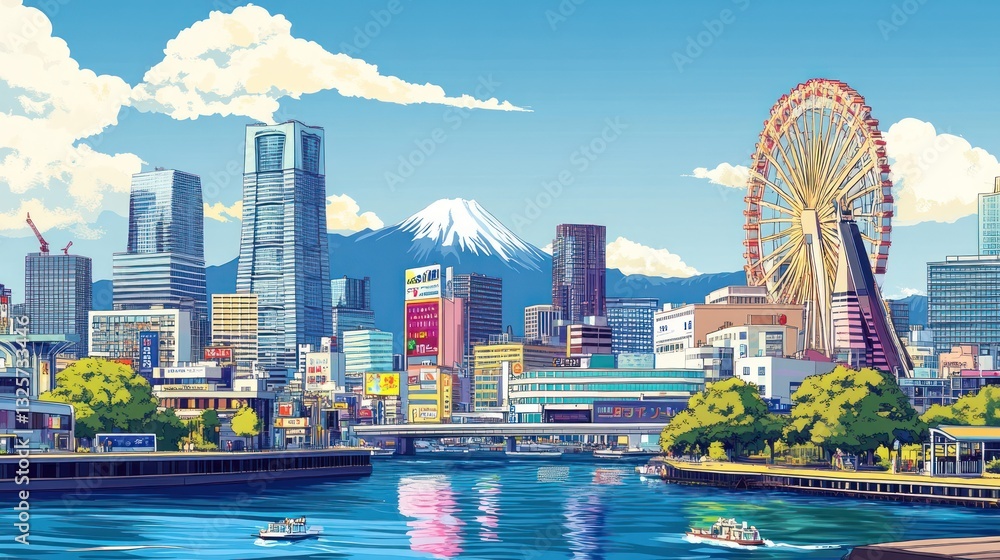 Fototapeta premium Yokohama waterfront, Mt. Fuji view, Ferris wheel, sunny day, boats, city illustration