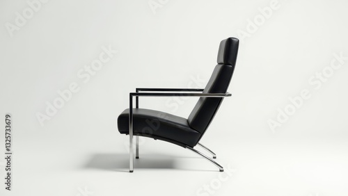 A modern black leather chair with a sleek metal frame, viewed from the side, showcasing its minimalist design.
