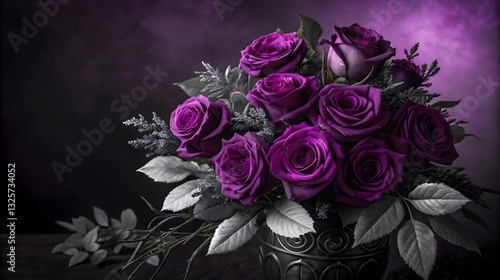 A Lavish Bouquet Of Deep Purple Roses, Elegantly Arranged In A Dark Vase, Evokes Feelings Of Mystery And Romance Against A Moody, Purple-hued Background