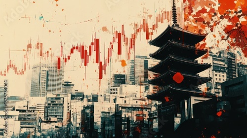 Tokyo cityscape, pagoda, stock market decline, abstract art, financial crisis