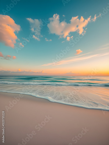 Vacation travel tourism banner, closeup sea sand beach. Panoramic beach landscape. Inspire tropical beach seascape horizon. Orange and golden sunset sky calmness tranquil relaxing sunlight summer mood