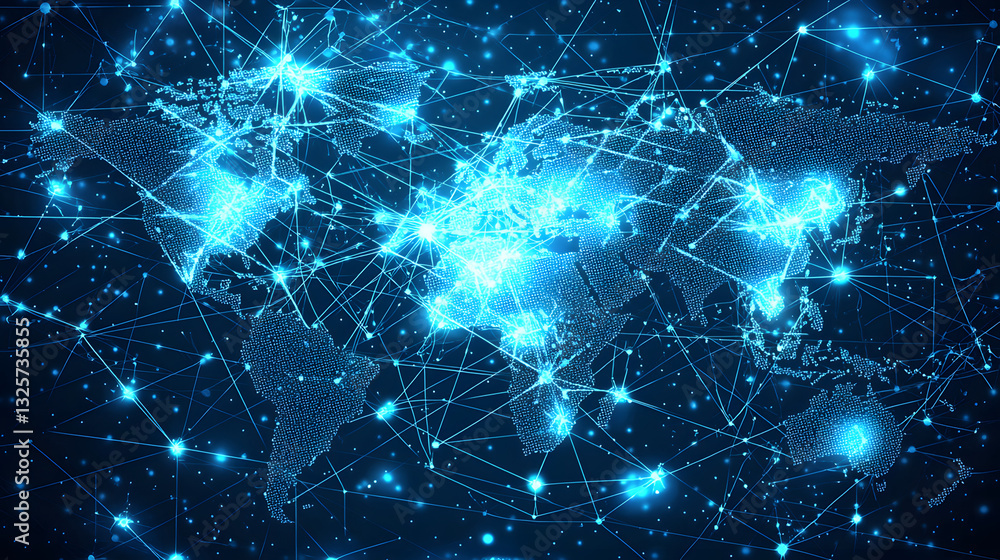 Global network map with interconnected nodes representing international connections and digital communication.
Global network map with interconnected nodes representing international connections and digital communication.