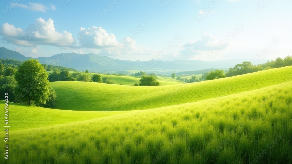 Fototapeta premium Rolling green hills and scattered trees under a bright sky in a serene countryside landscape.
