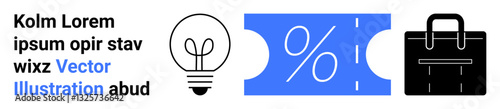 Light bulb, blue percentage coupon, and black briefcase linear icons. Ideal for business, innovation, finance, savings, creativity, offers and entrepreneurship abstract line flat metaphor