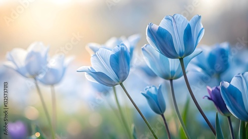 Serene Blue Tulips Bathed In Soft Sunlight, A Gentle Whisper Of Springs Arrival In A Dreamy Field