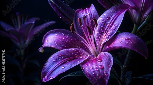 A Regal Purple Lily, Glistening With Dew, Unfolds Its Velvety Petals In The Quiet Darkness, A Symphony Of Rich Color And Delicate Texture Under Dramatic Low-light