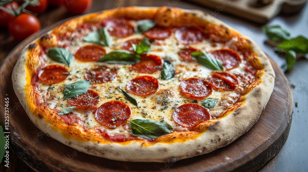Delicious Pepperoni Pizza with Fresh Basil on Wooden Table Surface Delicious Pepperoni Pizza with Fresh Basil on Wooden Table Surface