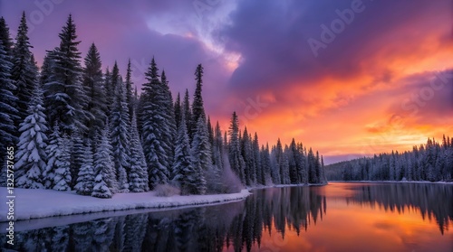 A Breathtaking Winter Sunset Paints The Snow-covered Pines And Tranquil Lake With Fiery Orange And Purple Hues, Creating A Magical, Serene Landscape
