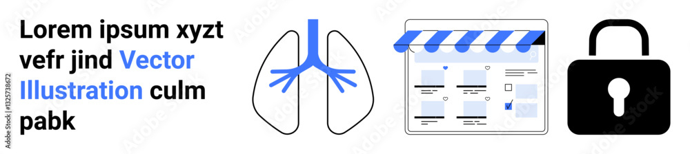 Text with placeholder, lungs diagram, calendar interface with store awning, black lock icon. Ideal for medical data security, online booking, healthcare, privacy, cybersecurity web design user Text with placeholder, lungs diagram, calendar interface with store awning, black lock icon. Ideal for medical data security, online booking, healthcare, privacy, cybersecurity web design user