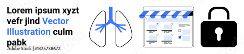 Text with placeholder, lungs diagram, calendar interface with store awning, black lock icon. Ideal for medical data security, online booking, healthcare, privacy, cybersecurity web design user