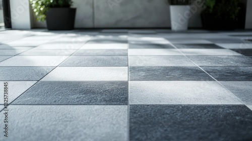 Fototapeta Naklejka Na Ścianę i Meble -  Checkered floor, sunlit patio, plants