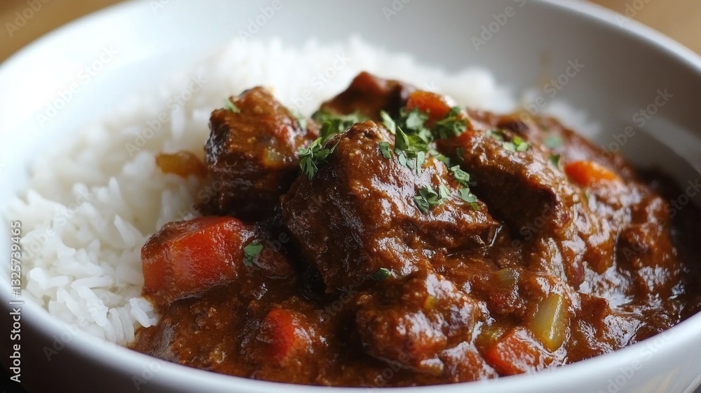 Savory Beef Curry with White Rice in a Bowl Garnished with Herbs Savory Beef Curry with White Rice in a Bowl Garnished with Herbs